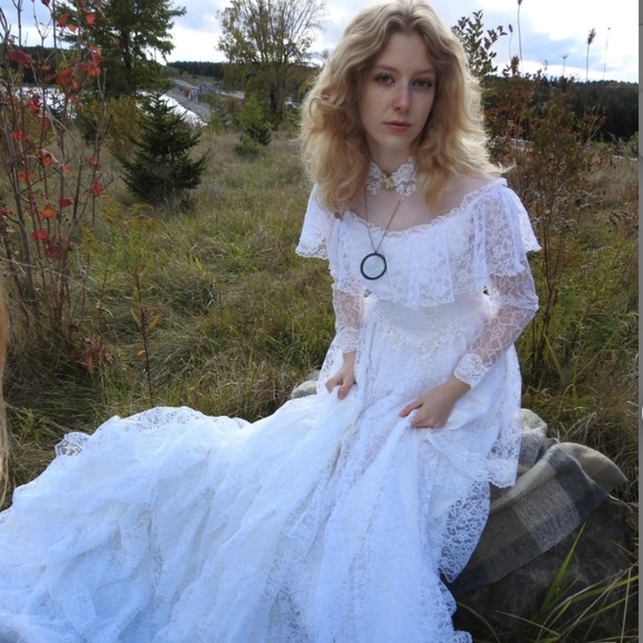 True Vintage 1970s Ruffle Tiered Lace Illusion Neckline Long Tiered Train